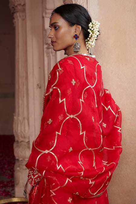 Buy Pink City By Sarika Red Silk, Chanderi, Organza, Cotton Embroidery, Zari, Gota Kurta Sharara Set Online at Aza Fashions Buy_Pink City By Sarika_Red Silk, Chanderi, Organza, Cotton Embroidery, Zari, Gota Kurta Sharara Set _Online_at_Aza_Fashions