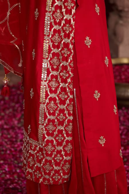 Shop Pink City By Sarika Red Silk, Chanderi, Organza, Cotton Embroidery, Zari, Gota Kurta Sharara Set Online at Aza Fashions Shop_Pink City By Sarika_Red Silk, Chanderi, Organza, Cotton Embroidery, Zari, Gota Kurta Sharara Set _Online_at_Aza_Fashions
