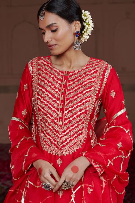 Pink City By Sarika Red Silk, Chanderi, Organza, Cotton Embroidery, Zari, Gota Kurta Sharara Set at Aza Fashions Pink City By Sarika_Red Silk, Chanderi, Organza, Cotton Embroidery, Zari, Gota Kurta Sharara Set _at_Aza_Fashions