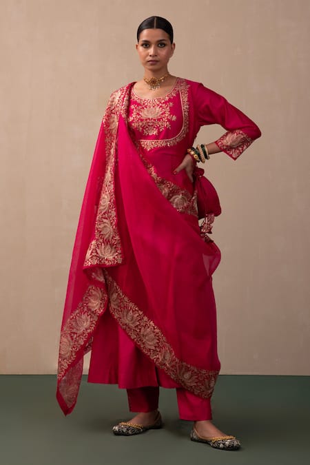 Buy_Pink City By Sarika_Pink Silk, Chanderi, Organza Embroidery, Gota Patti, Zari Anarkali Pant Set _Online_at_Aza_Fashions
