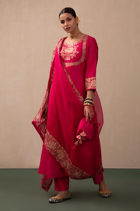 Shop_Pink City By Sarika_Pink Silk, Chanderi, Organza Embroidery, Gota Patti, Zari Anarkali Pant Set _Online_at_Aza_Fashions