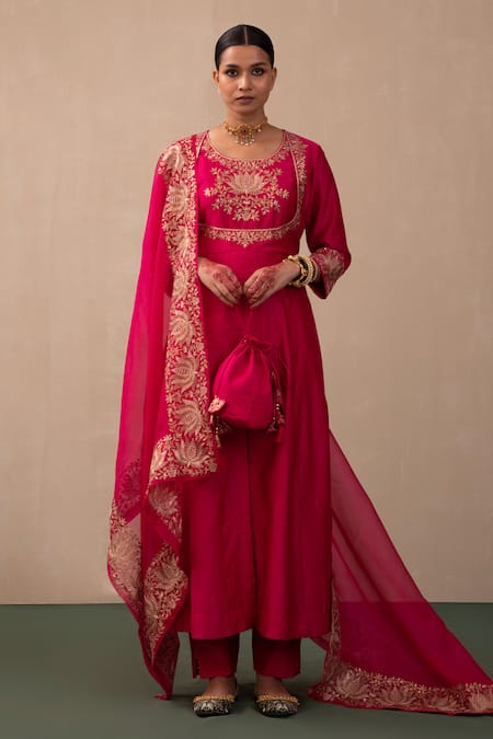 Pink City By Sarika_Pink Silk, Chanderi, Organza Embroidery, Gota Patti, Zari Anarkali Pant Set _at_Aza_Fashions