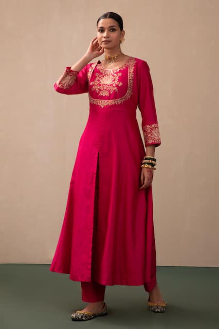Buy_Pink City By Sarika_Pink Silk, Chanderi, Organza Embroidery, Gota Patti, Zari Anarkali Pant Set 