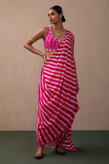 Pink City by Sarika Leheriya Print Silk Pre-Stitched Saree With Blouse 