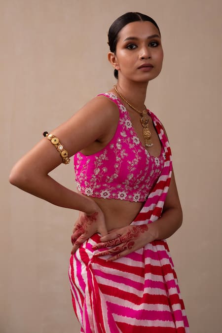 Pink City by Sarika_Pink Silk Studs, Mirrors Round Leheriya Print Pre-stitched Saree With Blouse _Online_at_Aza_Fashions