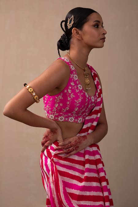 Buy_Pink City by Sarika_Pink Silk Studs, Mirrors Round Leheriya Print Pre-stitched Saree With Blouse _Online_at_Aza_Fashions