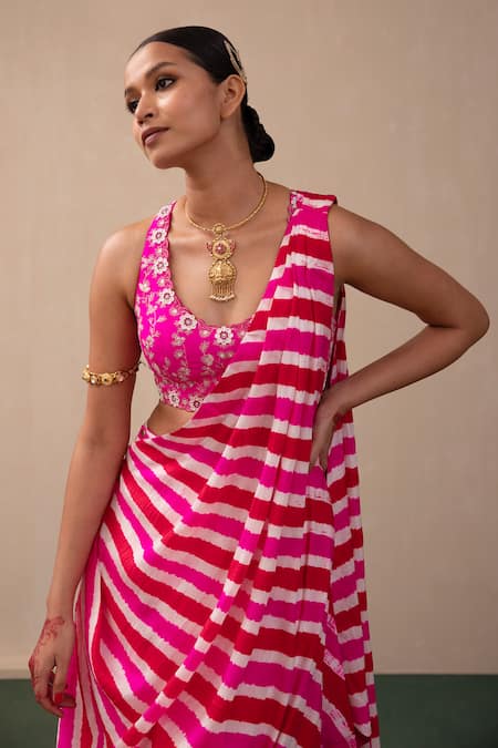 Shop_Pink City by Sarika_Pink Silk Studs, Mirrors Round Leheriya Print Pre-stitched Saree With Blouse _Online_at_Aza_Fashions
