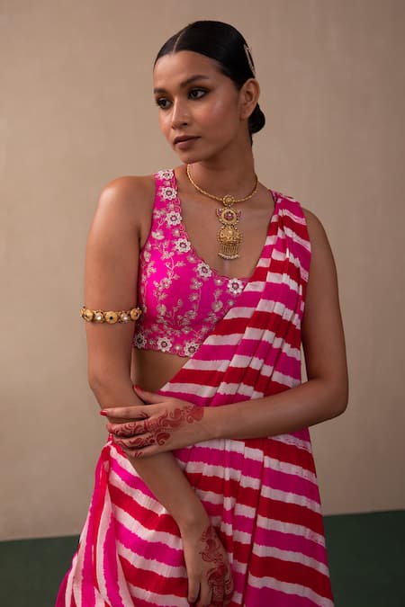 Pink City by Sarika_Pink Silk Studs, Mirrors Round Leheriya Print Pre-stitched Saree With Blouse _at_Aza_Fashions
