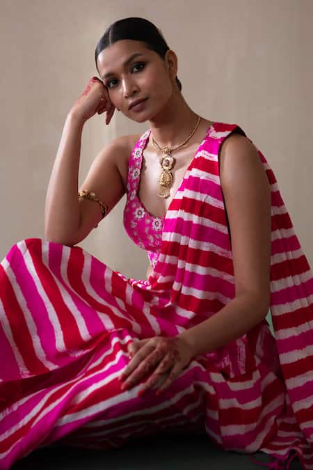 Buy_Pink City by Sarika_Pink Silk Studs, Mirrors Round Leheriya Print Pre-stitched Saree With Blouse 