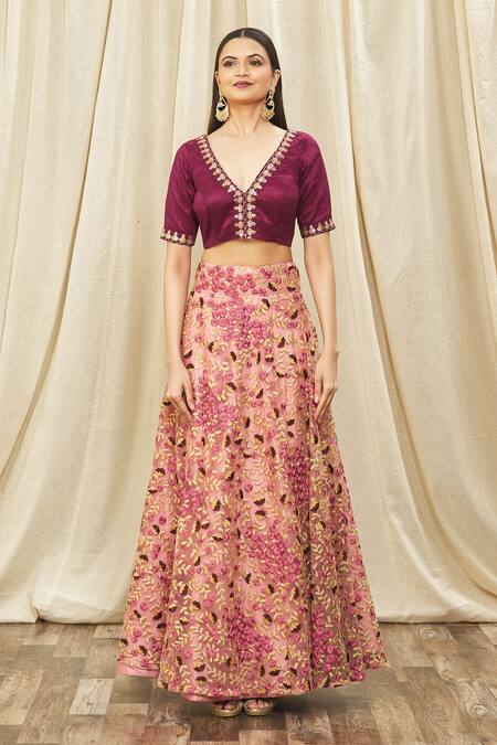 Nazaakat By Samara Singh Wine Net Floral Blossom Lehenga Set With Zari Border Blouse Online at Aza Fashions Nazaakat By Samara Singh_Wine Net Floral Blossom Lehenga Set With Zari Border Blouse_Online_at_Aza_Fashions
