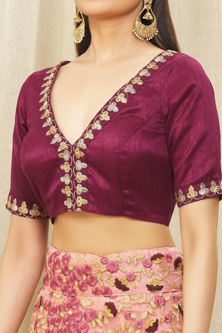 Buy Nazaakat By Samara Singh Wine Net Floral Blossom Lehenga Set With Zari Border Blouse Online at Aza Fashions Buy_Nazaakat By Samara Singh_Wine Net Floral Blossom Lehenga Set With Zari Border Blouse_Online_at_Aza_Fashions