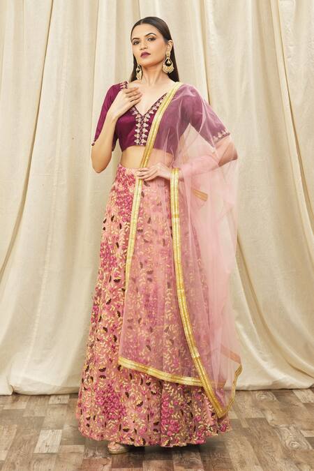 Shop Nazaakat By Samara Singh Wine Net Floral Blossom Lehenga Set With Zari Border Blouse Online at Aza Fashions Shop_Nazaakat By Samara Singh_Wine Net Floral Blossom Lehenga Set With Zari Border Blouse_Online_at_Aza_Fashions