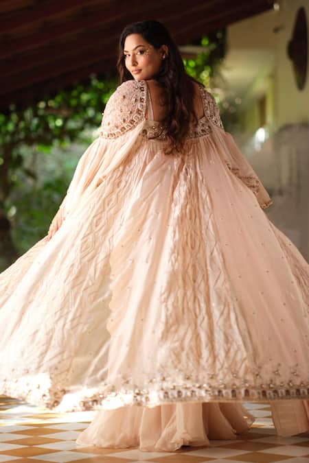 Buy Miku Kumar Ivory Georgette, Viscose Embroidery Layered Cape And Pre-draped Lehenga Saree Set Buy_Miku Kumar_Ivory Georgette, Viscose Embroidery Layered Cape And Pre-draped Lehenga Saree Set