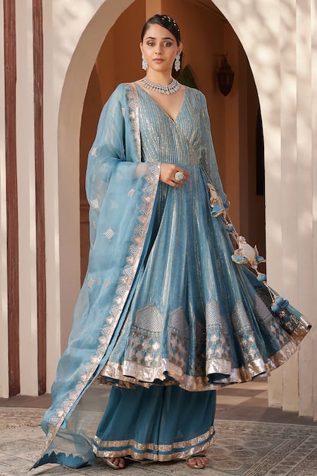 Shop House Of Supriya Grey Georgette, Silk Organza Tassels, Embroidery V-neck Angarkha Anarkali Set at Aza Fashions Shop_House Of Supriya_Grey Georgette, Silk Organza Tassels, Embroidery V-neck Angarkha Anarkali Set _at_Aza_Fashions