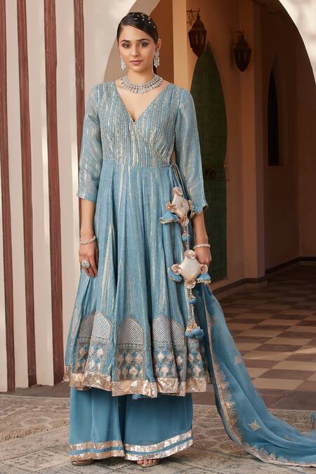 House Of Supriya Grey Georgette, Silk Organza Tassels, Embroidery V-neck Angarkha Anarkali Set Online at Aza Fashions House Of Supriya_Grey Georgette, Silk Organza Tassels, Embroidery V-neck Angarkha Anarkali Set _Online_at_Aza_Fashions