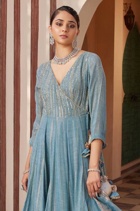 Buy House Of Supriya Grey Georgette, Silk Organza Tassels, Embroidery V-neck Angarkha Anarkali Set Online at Aza Fashions Buy_House Of Supriya_Grey Georgette, Silk Organza Tassels, Embroidery V-neck Angarkha Anarkali Set _Online_at_Aza_Fashions