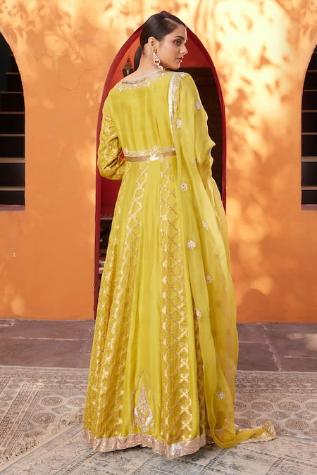 Shop House Of Supriya Yellow Brocade, , Organza Embroidery V-neck Raw Hand Anarkali Set at Aza Fashions Shop_House Of Supriya_Yellow Brocade, , Organza Embroidery V-neck Raw Hand Anarkali Set _at_Aza_Fashions