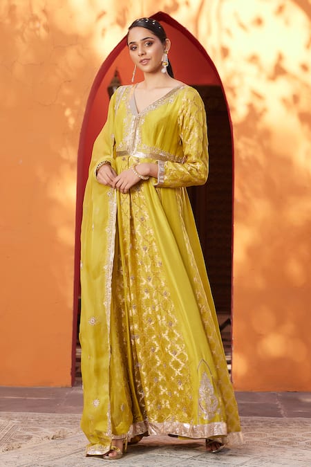 House Of Supriya Yellow Brocade, , Organza Embroidery V-neck Raw Hand Anarkali Set Online at Aza Fashions House Of Supriya_Yellow Brocade, , Organza Embroidery V-neck Raw Hand Anarkali Set _Online_at_Aza_Fashions