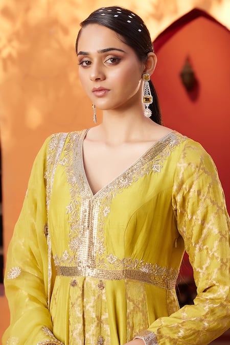 Buy House Of Supriya Yellow Brocade, , Organza Embroidery V-neck Raw Hand Anarkali Set Online at Aza Fashions Buy_House Of Supriya_Yellow Brocade, , Organza Embroidery V-neck Raw Hand Anarkali Set _Online_at_Aza_Fashions