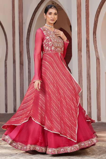 House Of Supriya_Red Silk, Georgette Embroidery Round Neck Hand Raw Gown _Online_at_Aza_Fashions