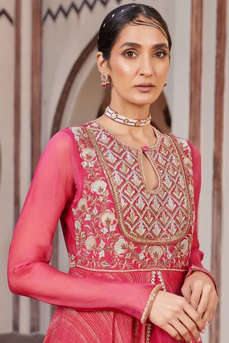 Buy_House Of Supriya_Red Silk, Georgette Embroidery Round Neck Hand Raw Gown _Online_at_Aza_Fashions