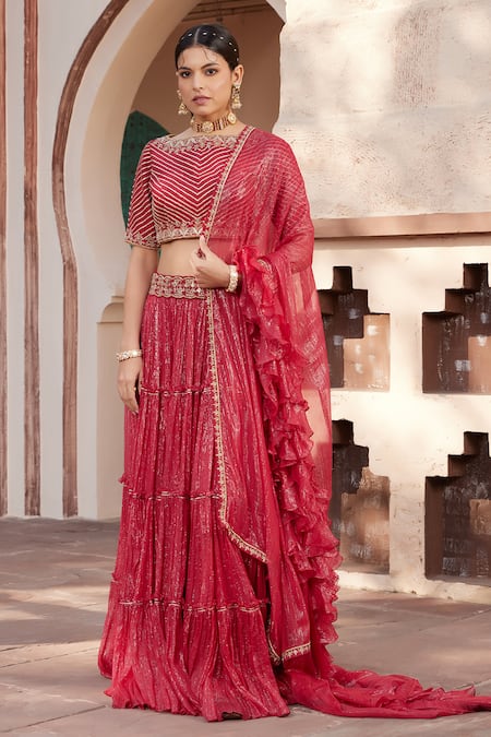 House Of Supriya Red Silk, Georgette Embroidery Boat Neck Shimmer Tiered Lehenga Set 