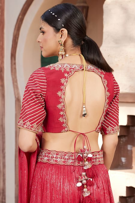 Shop House Of Supriya Red Silk, Georgette Embroidery Boat Neck Shimmer Tiered Lehenga Set at Aza Fashions Shop_House Of Supriya_Red Silk, Georgette Embroidery Boat Neck Shimmer Tiered Lehenga Set _at_Aza_Fashions