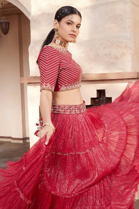 House Of Supriya Red Silk, Georgette Embroidery Boat Neck Shimmer Tiered Lehenga Set Online at Aza Fashions House Of Supriya_Red Silk, Georgette Embroidery Boat Neck Shimmer Tiered Lehenga Set _Online_at_Aza_Fashions