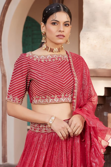Buy House Of Supriya Red Silk, Georgette Embroidery Boat Neck Shimmer Tiered Lehenga Set Online at Aza Fashions Buy_House Of Supriya_Red Silk, Georgette Embroidery Boat Neck Shimmer Tiered Lehenga Set _Online_at_Aza_Fashions