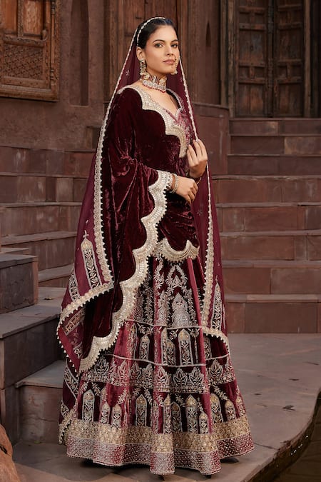 Shop House Of Supriya Maroon Velvet, Silk Organza Embroidery, Beads Sweetheart Neck Bridal Lehenga Set at Aza Fashions Shop_House Of Supriya_Maroon Velvet, Silk Organza Embroidery, Beads Sweetheart Neck Bridal Lehenga Set _at_Aza_Fashions