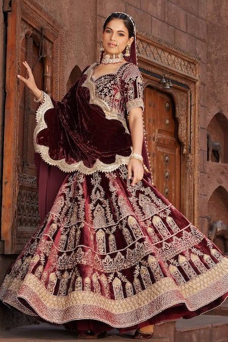 House Of Supriya Maroon Velvet, Silk Organza Embroidery, Beads Sweetheart Neck Bridal Lehenga Set Online at Aza Fashions House Of Supriya_Maroon Velvet, Silk Organza Embroidery, Beads Sweetheart Neck Bridal Lehenga Set _Online_at_Aza_Fashions
