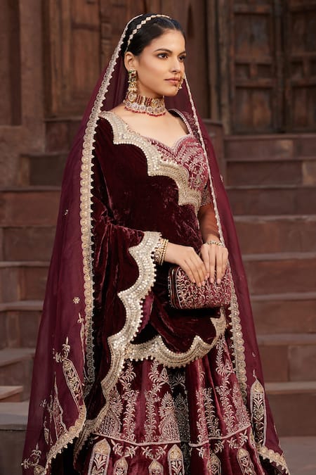 Buy House Of Supriya Maroon Velvet, Silk Organza Embroidery, Beads Sweetheart Neck Bridal Lehenga Set Online at Aza Fashions Buy_House Of Supriya_Maroon Velvet, Silk Organza Embroidery, Beads Sweetheart Neck Bridal Lehenga Set _Online_at_Aza_Fashions