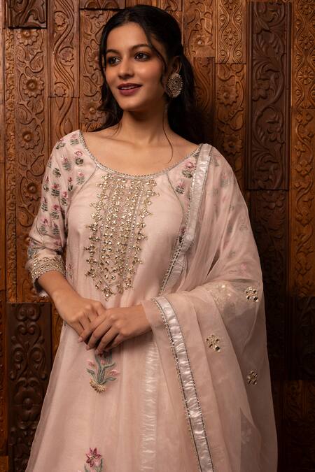 Shop House Of Supriya Pink Silk, Chanderi, Organza Embroidery, Sequins Round Neck Kurta Sharara Set Online at Aza Fashions Shop_House Of Supriya_Pink Silk, Chanderi, Organza Embroidery, Sequins Round Neck Kurta Sharara Set _Online_at_Aza_Fashions