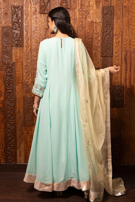 Shop House Of Supriya Green Silk, Georgette, Viscose, Organza Embroidery V-neck Floral Anarkali Set at Aza Fashions Shop_House Of Supriya_Green Silk, Georgette, Viscose, Organza Embroidery V-neck Floral Anarkali Set _at_Aza_Fashions