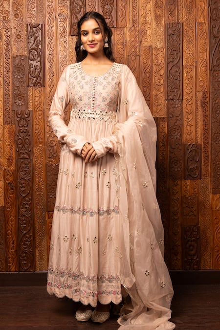 House Of Supriya Pink Silk, Chanderi, Viscose, Organza Embroidery Round Floral Anarkali Set