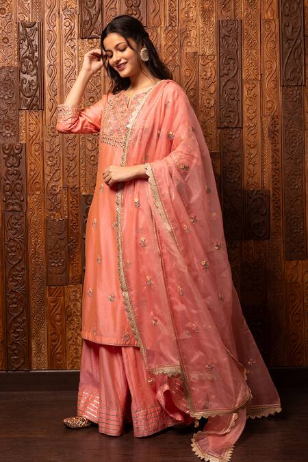 House Of Supriya Pink , Chanderi, Organza, Satin Embroidery, Lace Kurta Palazzo Set Online at Aza Fashions House Of Supriya_Pink , Chanderi, Organza, Satin Embroidery, Lace Kurta Palazzo Set _Online_at_Aza_Fashions