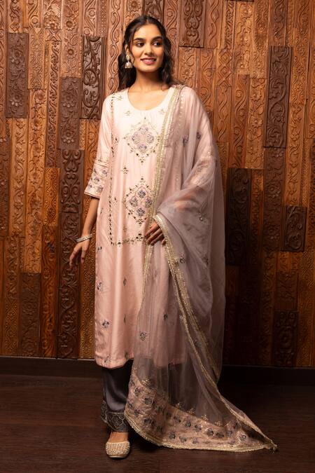 House Of Supriya Pink Silk, Organza, Viscose Embroidery Round Neck Chanderi Kurta Set
