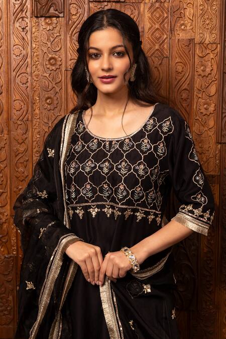 Buy_House Of Supriya_Black Silk, Chanderi, Organza Embroidery Round Floral Jaal Kurta Sharara Set _Online_at_Aza_Fashions