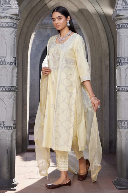 House Of Supriya_Yellow Silk, Nylon, Viscose, Satin, Organza Mughal Bloom Kurta Pant Set _Online_at_Aza_Fashions