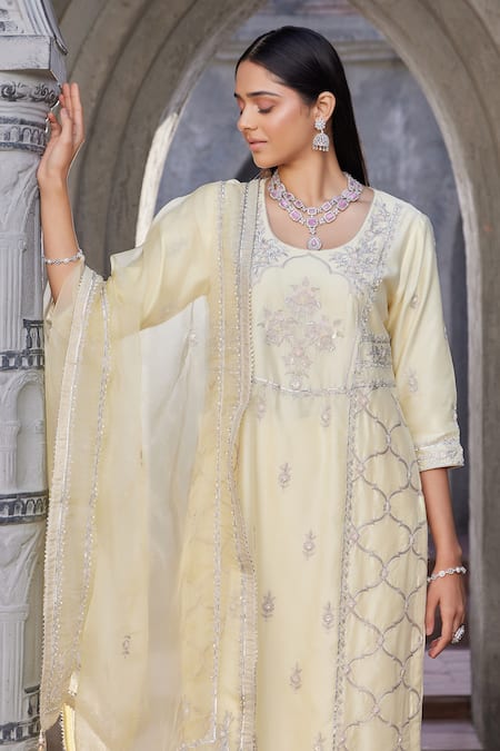 Buy_House Of Supriya_Yellow Silk, Nylon, Viscose, Satin, Organza Mughal Bloom Kurta Pant Set _Online_at_Aza_Fashions
