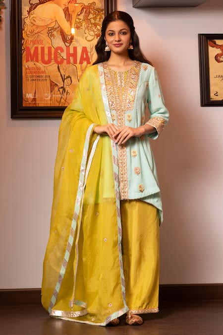 HOUSE OF SUPRIYA Green Kurta Silk Georgette Embroidery Gota Round Tulip Bloom Pant Set 