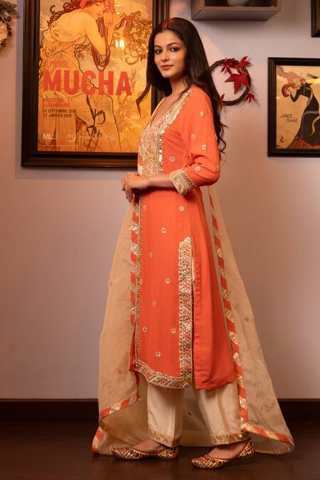 House Of Supriya Orange Silk, Georgette, Organza Sequins, Embroidery Scoop Floral Kurta Set Online at Aza Fashions House Of Supriya_Orange Silk, Georgette, Organza Sequins, Embroidery Scoop Floral Kurta Set _Online_at_Aza_Fashions