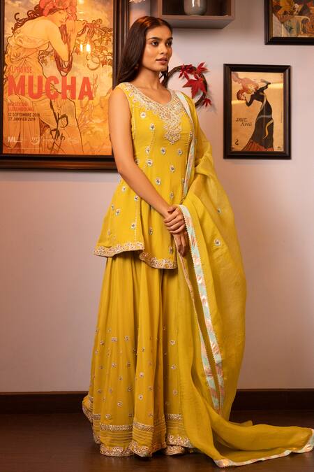House Of Supriya_Yellow , Georgette, Organza, Wildflower Bloom Kurta Sharara Set _Online_at_Aza_Fashions