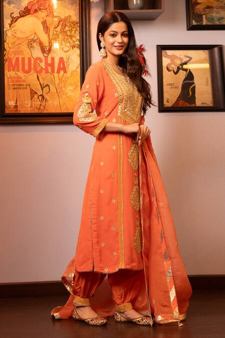House Of Supriya_Orange Silk, Georgette, Organza Gota Patti, Bloom Motif Kurta Pant Set _Online_at_Aza_Fashions