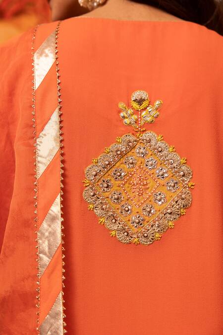 Buy_House Of Supriya_Orange Silk, Georgette, Organza Gota Patti, Bloom Motif Kurta Pant Set _Online_at_Aza_Fashions