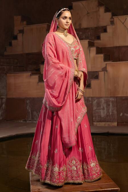 House Of Supriya_Pink Silk, Organza Embroidery Sweetheart Neck Plumeria Bridal Lehenga Set _Online_at_Aza_Fashions