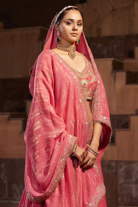Buy_House Of Supriya_Pink Silk, Organza Embroidery Sweetheart Neck Plumeria Bridal Lehenga Set _Online_at_Aza_Fashions