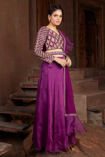 House Of Supriya_Purple Silk, Georgette Embroidery V-neck Raw Lehenga And Hand Blouse Set _Online_at_Aza_Fashions