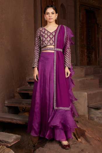 Buy_House Of Supriya_Purple Silk, Georgette Embroidery V-neck Raw Lehenga And Hand Blouse Set _Online_at_Aza_Fashions