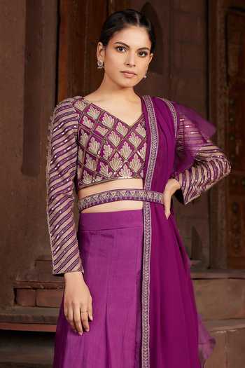 Shop_House Of Supriya_Purple Silk, Georgette Embroidery V-neck Raw Lehenga And Hand Blouse Set _Online_at_Aza_Fashions